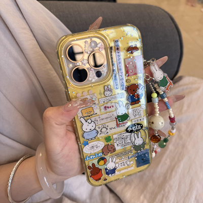 ins半透黄色玩滑板车米菲兔适用手机壳iphone15/14/13双面少女亮面16pro防摔苹果14pro女新款iPhone15pro全包