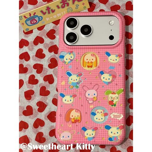 粉色格纹彩虹兔图案简约ins手机壳17promax保护iphone15女iPhone16pro双层iphone16卡通iPhone17苹果15pro