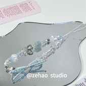 ins风自制海盐蓝百搭手机链手机挂件蝴蝶结高级ccd挂件相机挂件新