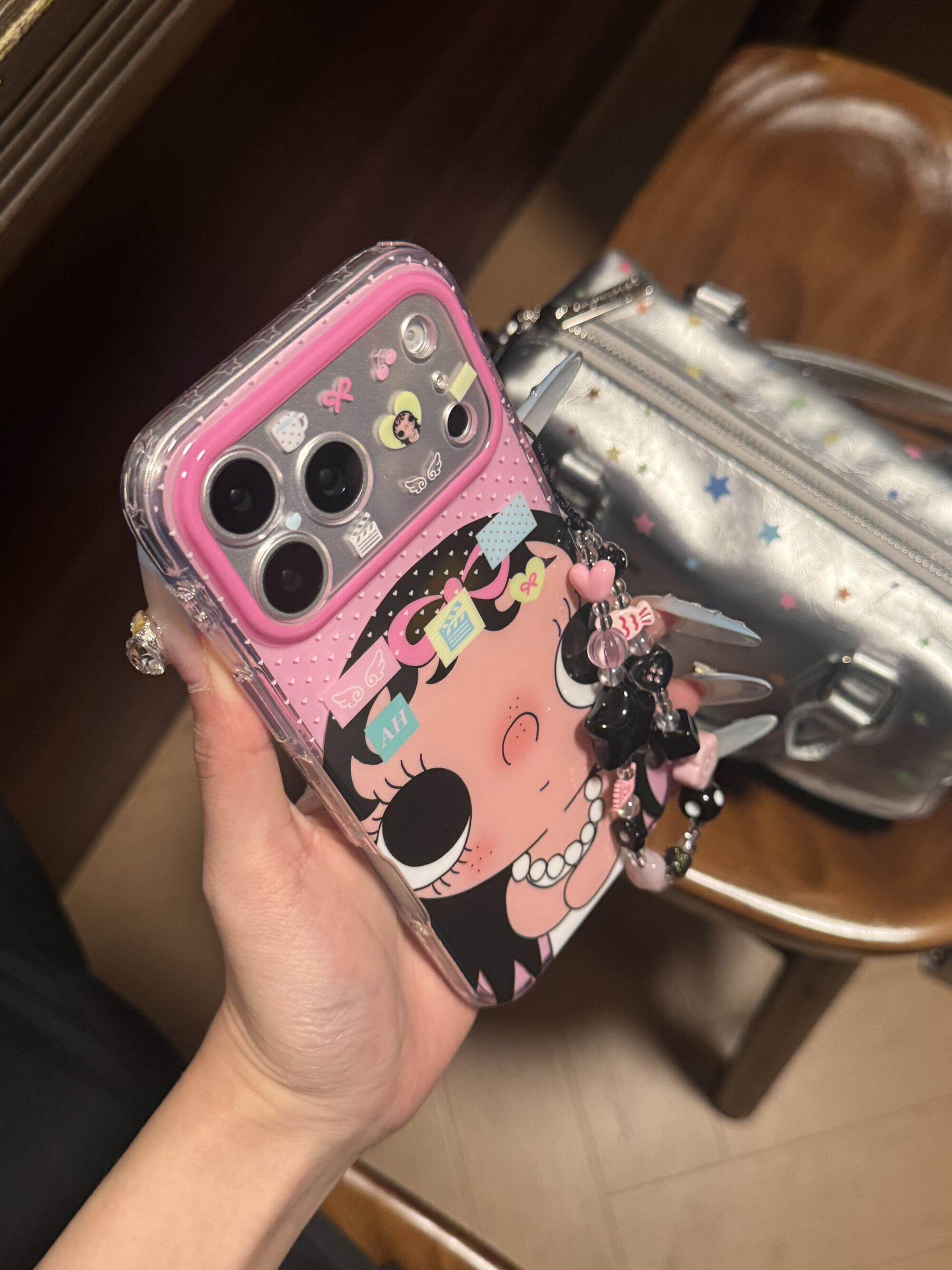 粉底波点黑发小玉脸蛋翅膀韩系ins风17pro手机壳17promax保护iphone15女款16pro双层16卡通iPhone17苹果15pro