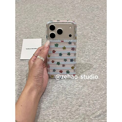 粉蓝条纹细闪彩花适用苹果17promax双层iphone16亮面15透明手机壳17pro双层iphone16卡通iPhone17苹果15pro
