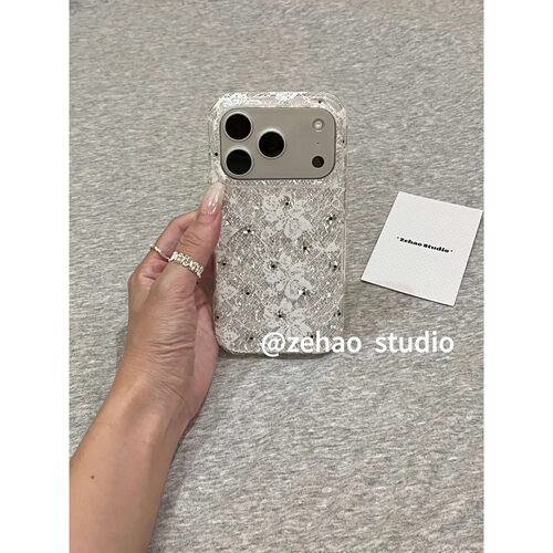 满屏银闪蕾丝白花简约ins手机壳17promax保护iphone15女iPhone16pro双层iphone16卡通iPhone17苹果15pro