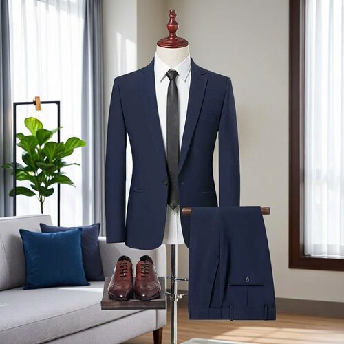 商务风男士西服套装深蓝色修身两粒扣秋季职业装商务休闲