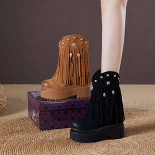 震地王高跟12cm马丁靴女2025秋季 流苏短靴 单靴英伦厚底内增高时尚