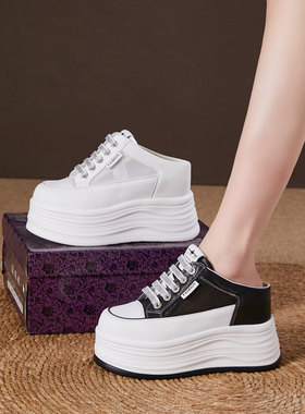 震地王12cm包头半拖鞋女外穿时尚2025夏季网面厚底内增高凉拖鞋