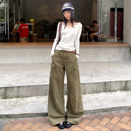 2026秋季新款美式复古多口袋设计宽松阔腿工装牛仔裤女
