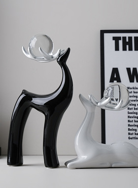 贝汉美中古黑白高级感水晶鹿摆件家居客厅桌面装饰品乔迁新年礼品