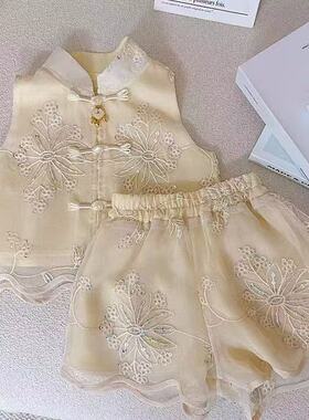 女童国风套装夏新款洋气女孩新中式汉服无袖上衣短裤两件套500168