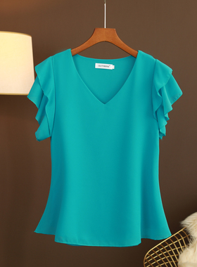 大码夏装新款短袖V领雪纺上衣t恤女士欧洲站宽松百搭遮肚洋气小衫