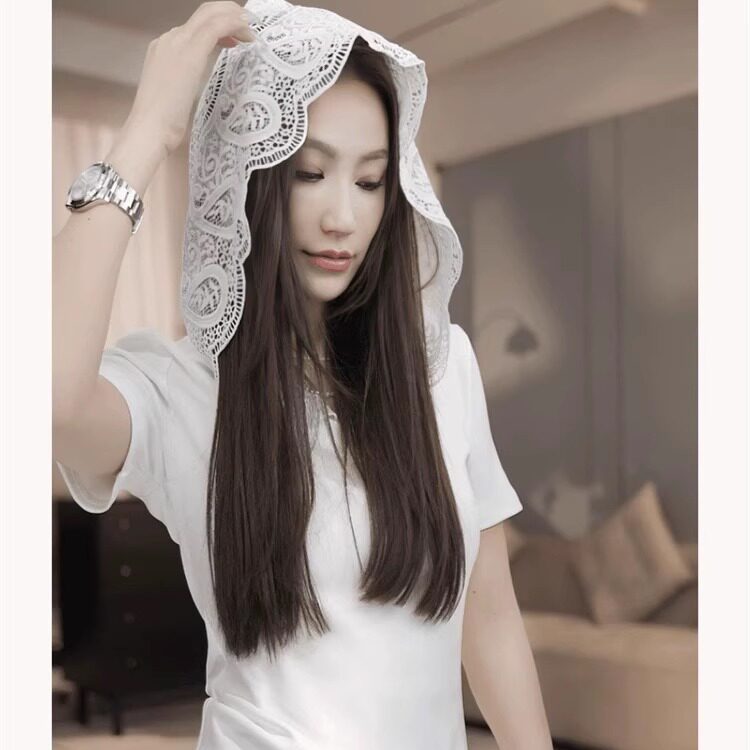 纯欲风漂亮连帽蕾丝短袖t恤女2025新款显瘦叠穿半袖纯色帽衫上衣