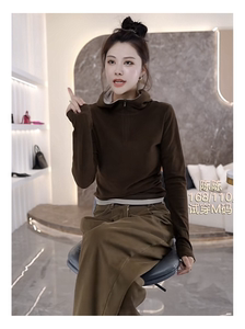 欧货双面德绒连帽撞色长袖打底衫上衣女2023秋冬新款显瘦内搭帽衫