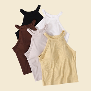 夏带胸垫挂脖吊带背心无袖 内搭罩杯bra外穿薄 上衣螺纹性感打底衫