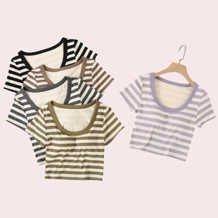 修身 T恤时尚 免穿文胸 女可外穿夏短袖 bra莫代尔带胸垫露脐半袖