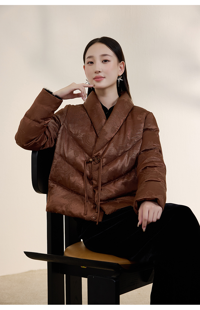 品牌原创草木涧新中式人丝亚麻提花交领极简廓形短款羽绒服女0445
