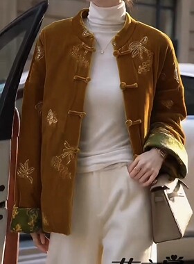国风新中式金丝绒外套女重工刺绣盘扣夹棉上衣复古气质秋冬棉服