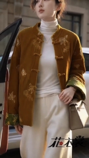 国风新中式金丝绒外套女重工刺绣盘扣夹棉上衣复古气质秋冬棉服