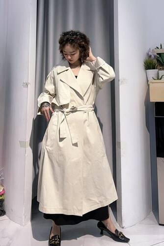 zby秋季赫本风长款风衣女大码宽松遮肉系带气质通勤过膝大衣601