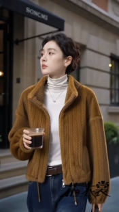 复古焦糖色水貂绒外套立领拉链短款仿皮草女秋冬宽松小个子毛上衣