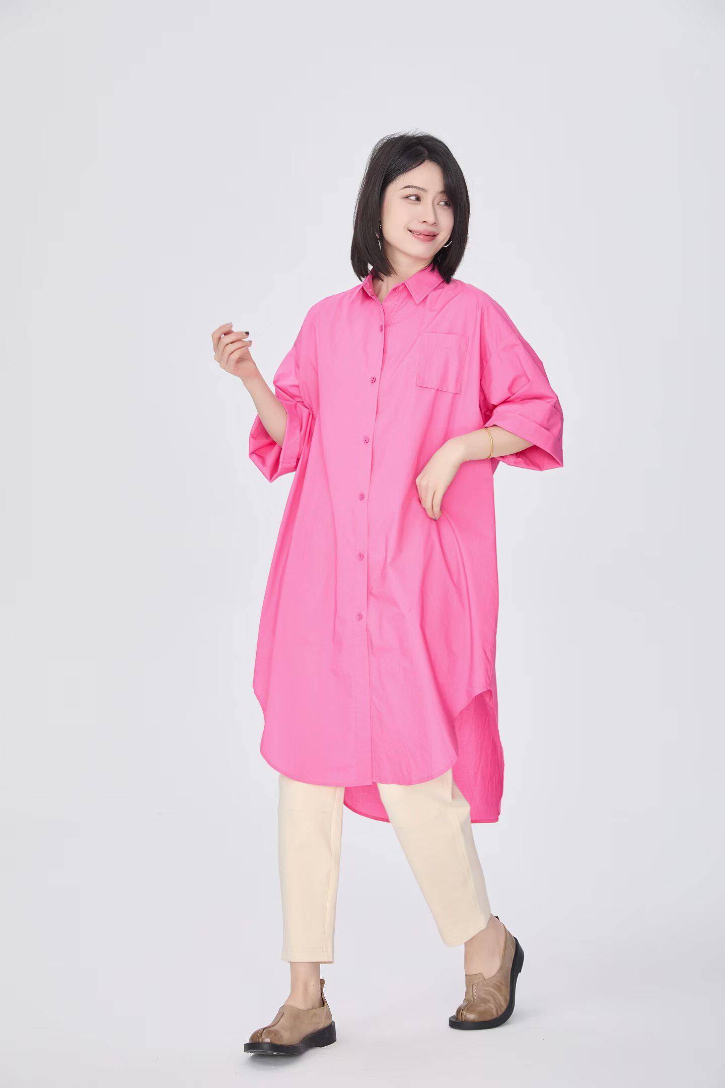 ZBY原创2026年夏新款时尚休闲百搭翻领长款纯棉五分袖衬衫裙女676