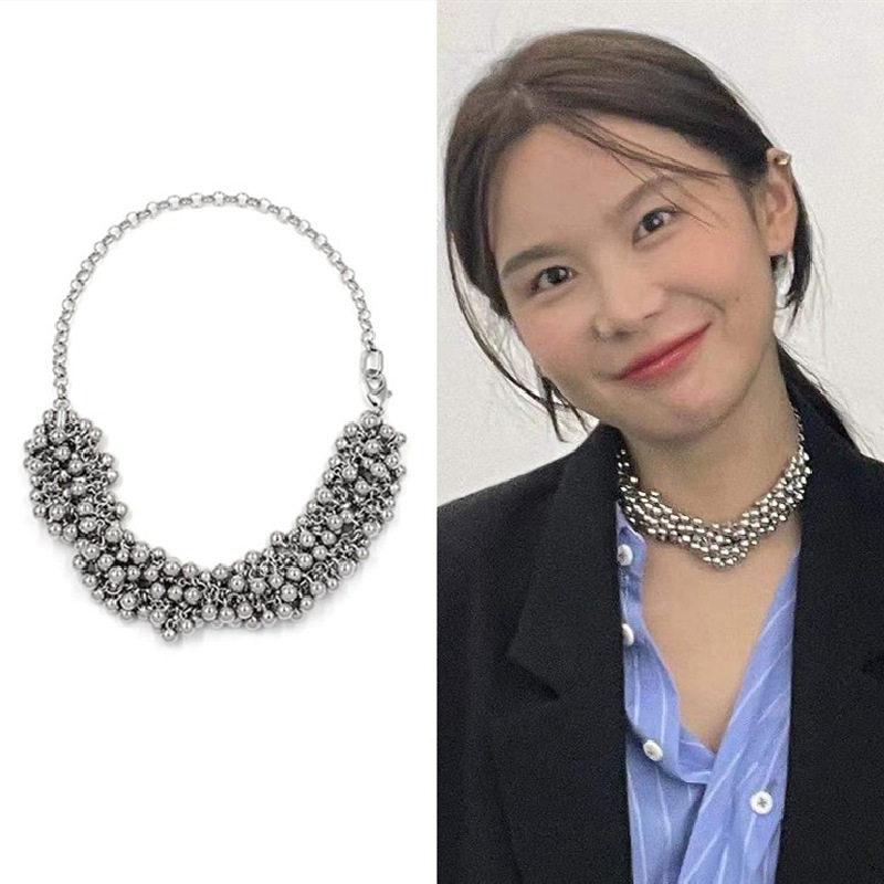 吾小历同款银色金属球项链月牙链条流苏短链欧美风个性双层锁骨