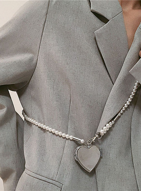 ins风珍珠腰链斜挎背带女心形镜子吊坠装饰腰带裙子西装配饰项链