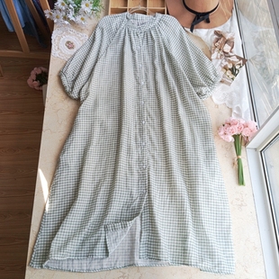 外贸日系大码女装双层纱软趴趴港风格子棉麻中长款连衣裙胸围146
