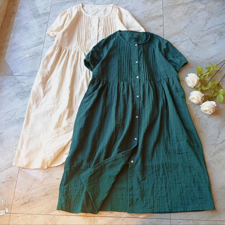 外贸日单双层纱风琴褶皱单排扣宽松大码森系中长连衣裙