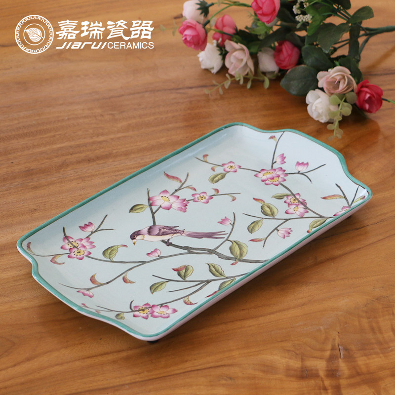32cm新中式现代彩绘陶瓷盘子家用客厅茶盘水果盘餐厅实用点心托盘