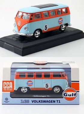 彩珀1:38合金汽车模型海湾石油GULF大众T1大巴士儿童玩具回力开门