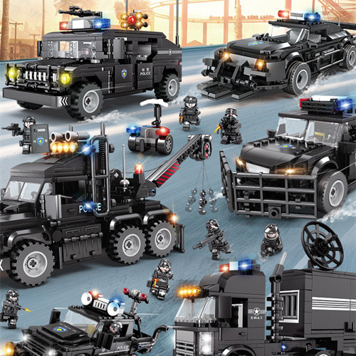 中国积木特警飞机坦克超跑GTR防爆车带回力功能益智拼装玩具模型
