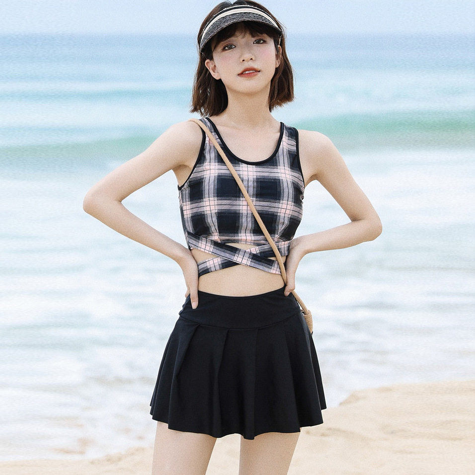 依莎韦尔学生游泳衣女jk学院风分体泳衣少女可爱日系保守泳装y198