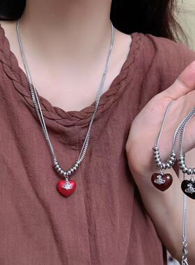 立体桃心爱心土星吊坠双层叠戴项链女小众甜酷少女时尚百搭锁骨链