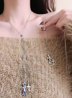 秋冬复古十字架吊坠抽拉式长款项链女秋冬甜酷百搭毛衣链卫衣链