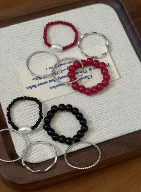 法式复古浪漫拉丝花朵珍珠戒指女轻奢高级感气质百搭开口食指戒