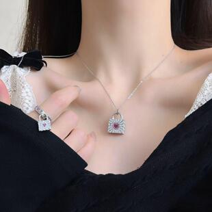 时尚轻奢微镶爱心包包锆石锁头吊坠项链戒指女小众甜美百搭食指戒