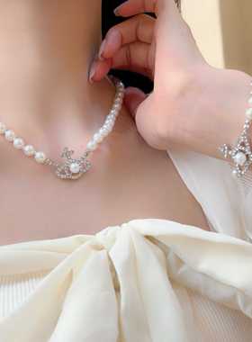 西太后满钻珍珠十字土星镂空项链耳钉优雅气质百搭锁骨链耳饰手链