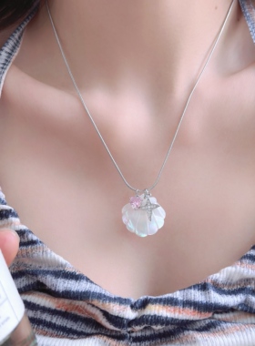 天然贝母锆石爱心四芒星吊坠项链女清新甜美海边度假风蛇骨链颈链