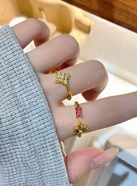 金色鸢尾花十字架镶锆戒指女个性时尚潮流百搭开口可调节食指戒