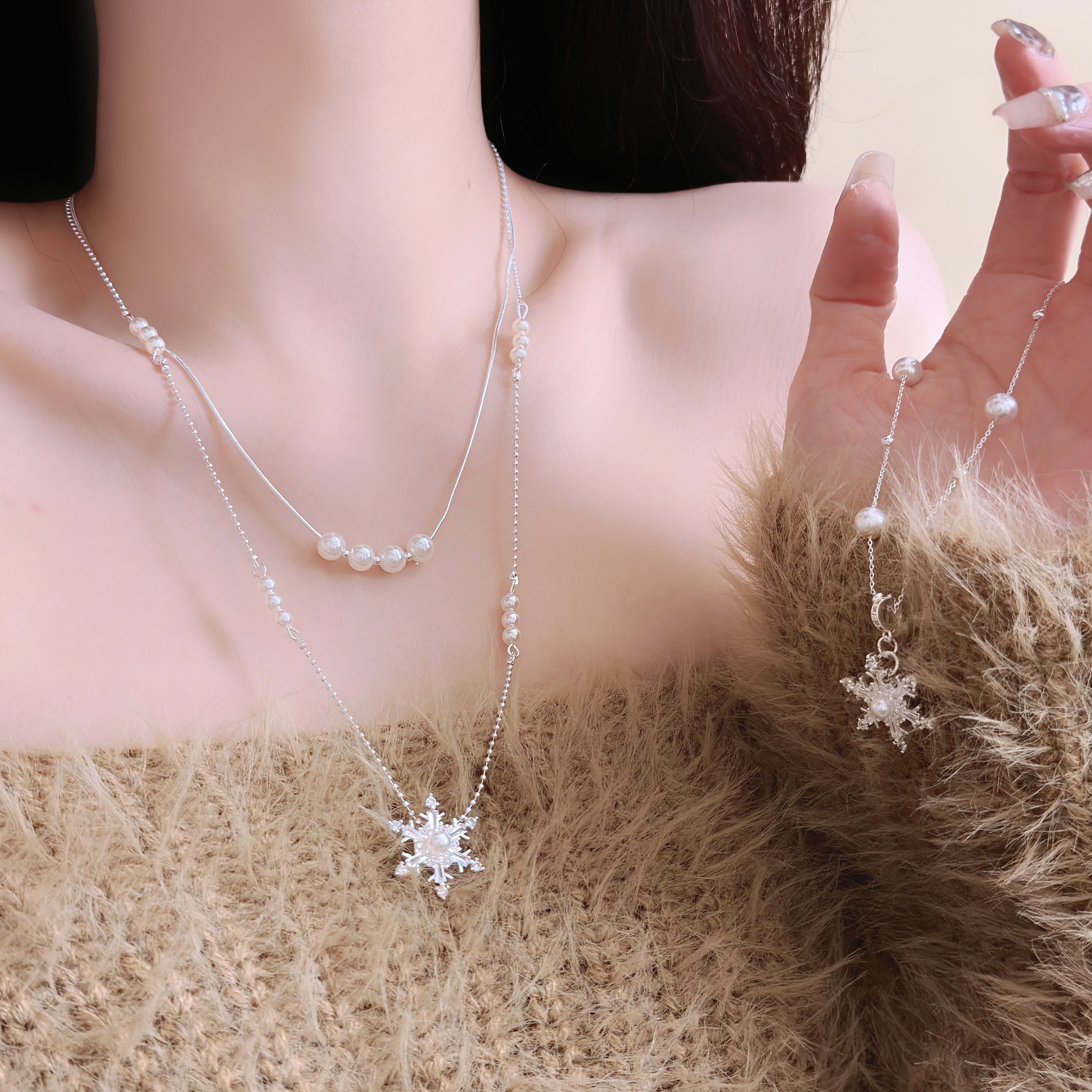 超仙闪锆雪花珍珠双层叠戴项链女小众精致冰晶冬雪气质百搭锁骨链