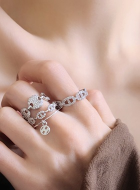 铜微镶锆石珠珠鼻戒指女精致小巧时尚轻奢高级感可调节食指戒指环