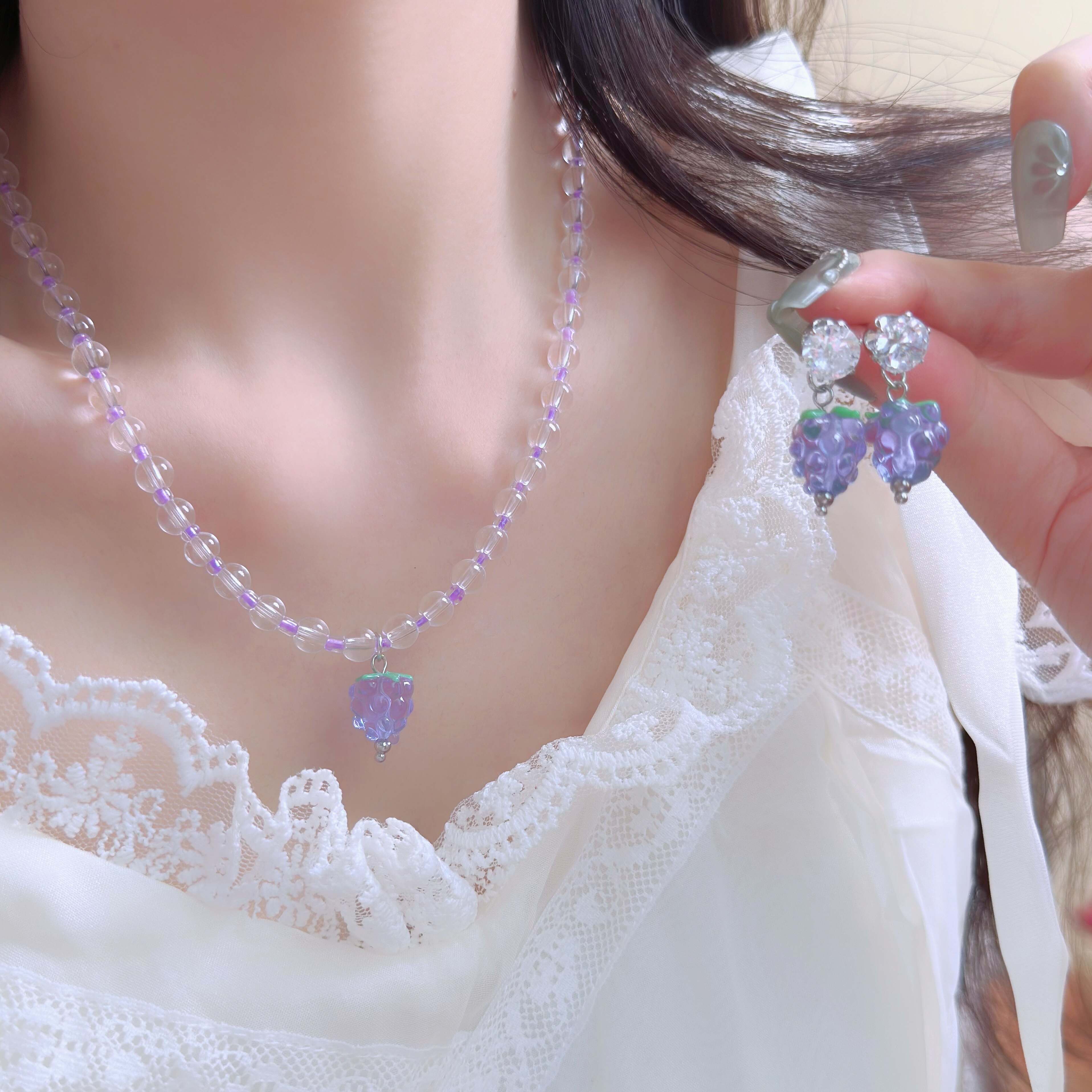 紫色葡萄吊坠耳环白色水晶串珠项链女小众设计甜美简约耳饰锁骨链