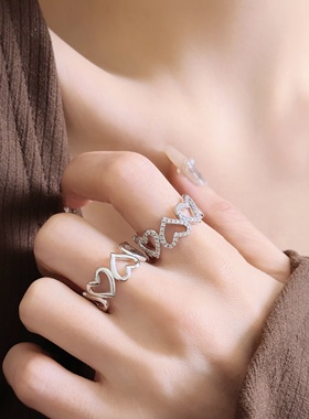 银色镂空爱心戒指女小众设计时尚个性气质百搭可调节食指戒指环
