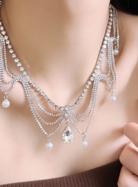 超闪水滴闪钻流苏多层叠戴项链女法式轻奢精致宴会晚礼服颈链配饰