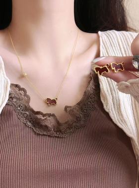 新中式红色小马耳钉项链女小众马上有钱本命年时尚百搭耳环锁骨链