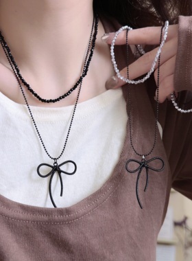 黑色蝴蝶结水晶串珠双层叠戴项链女爆款甜酷风个性简约百搭锁骨链