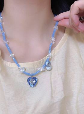 蓝色锆石爱心十字架水晶串珠项链女小众个性甜酷少女百搭锁骨链