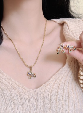 彩虹多巴胺七彩锆石小马耳钉项链小众轻奢风微镶锆石吊坠项链耳饰