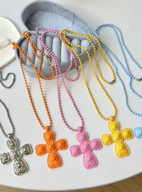 韩系简约十字架吊坠圆珠项链女夏日甜酷少女长款挂脖锁骨链配饰