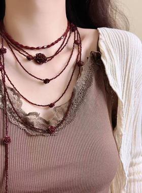 浪漫红玫瑰串珠叠戴项链女本命年红色叠戴挂脖长链秋冬毛衣链项链