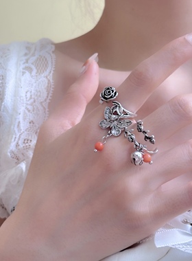 南红圆珠蝴蝶铃铛玫瑰花开口可调节戒指女小众设计戒子食指戒手饰